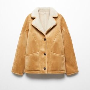 Mango Shearling-Lined Coat Jacket with Buttons - Tan/Camel/Medium Brown